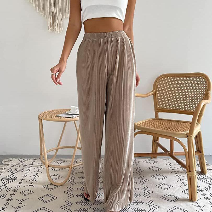 Neue Damen Casual Locker Sitzende Einfarbige Weite Hosen, Plissierte Fließende Hosen mit Drapierter Stoff für Frühling Sommer