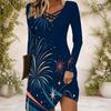 Women Cross V Neck Long Sleeve Dress Red Blue Geometric Abstract Print Irregular Hem Dress