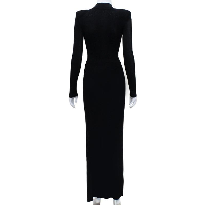 Women's Crewneck Long Sleeve Split Buttocks Sexy Elegant Temperament Mesh Beauty Evening Dress