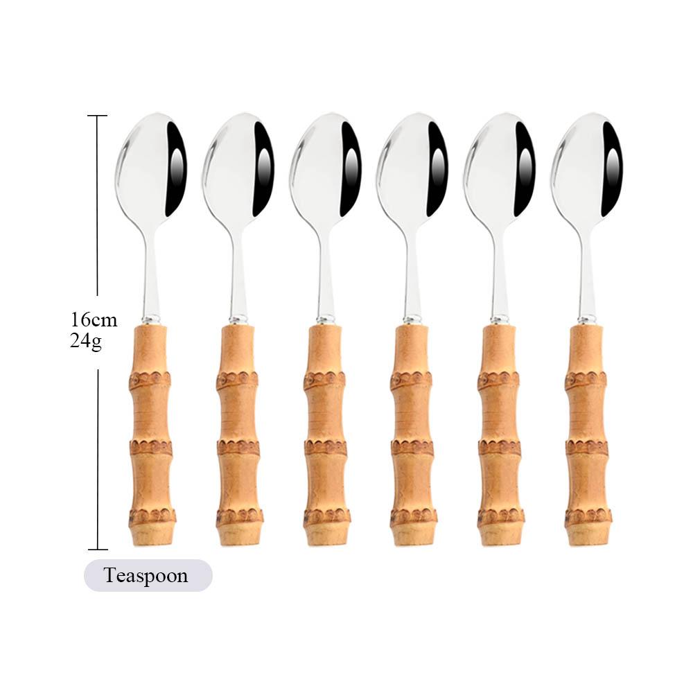 6Pcs Gold Natural Bamboo Handle 304 Dinnerware Set Stainless Steel Cutlery Set Upscale Knife Dessert Fork Spoon Tableware Set
