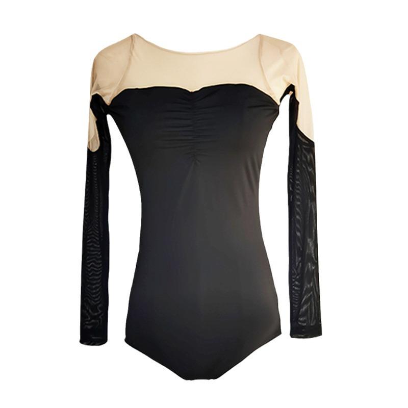Falling Leaves Light Dance Mesh Splice Costume: Classical Black Camellia Body Shaping Suit