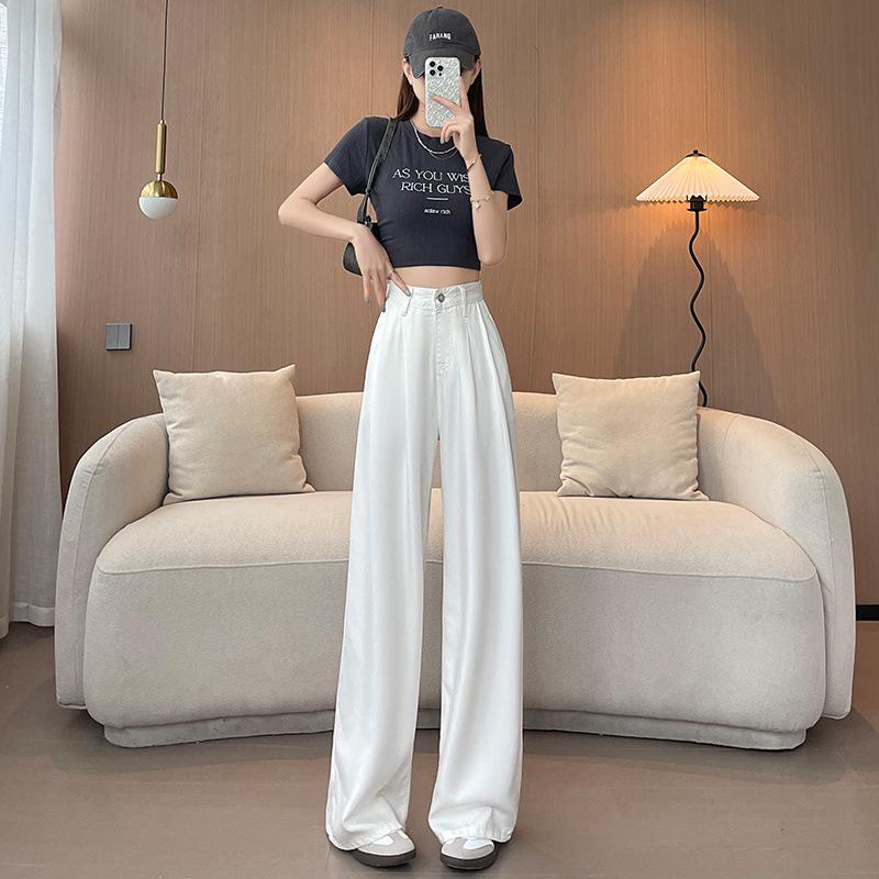 Women s White Tencel Wide-Leg Pants - Spring/Summer Cooling Ice Silk, Floor-Length, Loose Fit M