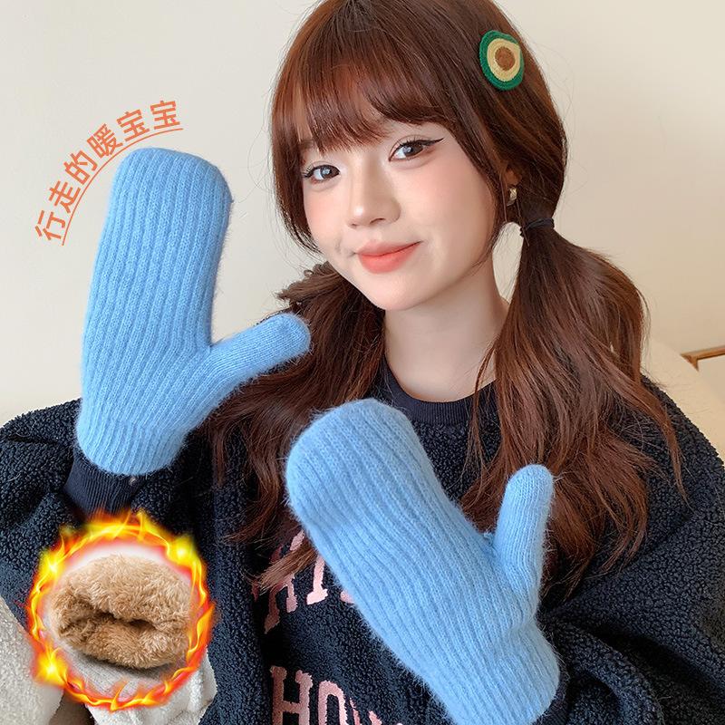 Gloves For Women In Winter Cute Plush Thickened Rabbit Fur To Keep Warm And Furry Student Riding To Prevent Cold And Freezing