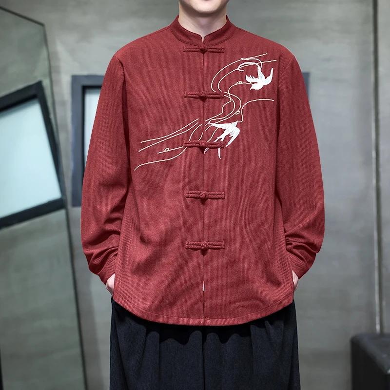 Camicie da uomo con ricami orientali Camicia a maniche lunghe da uomo Autunno Leggera Giacca a camicia aperta sul davanti