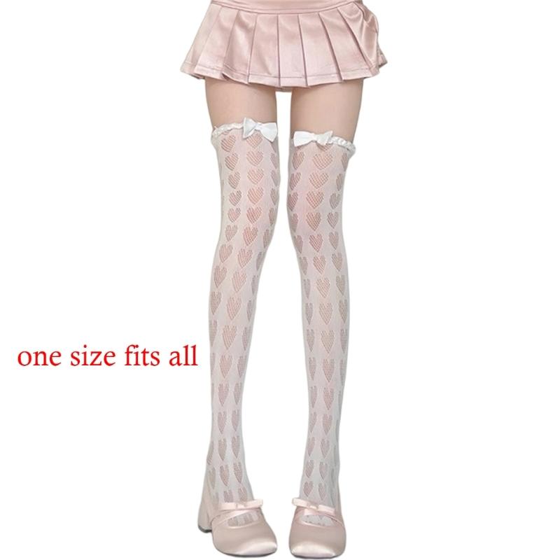 Women's Mesh Lace Long Stockings with Romantics Heart Detail And Ruffle Trim Bows Accent For Daily Wear Party Outfits