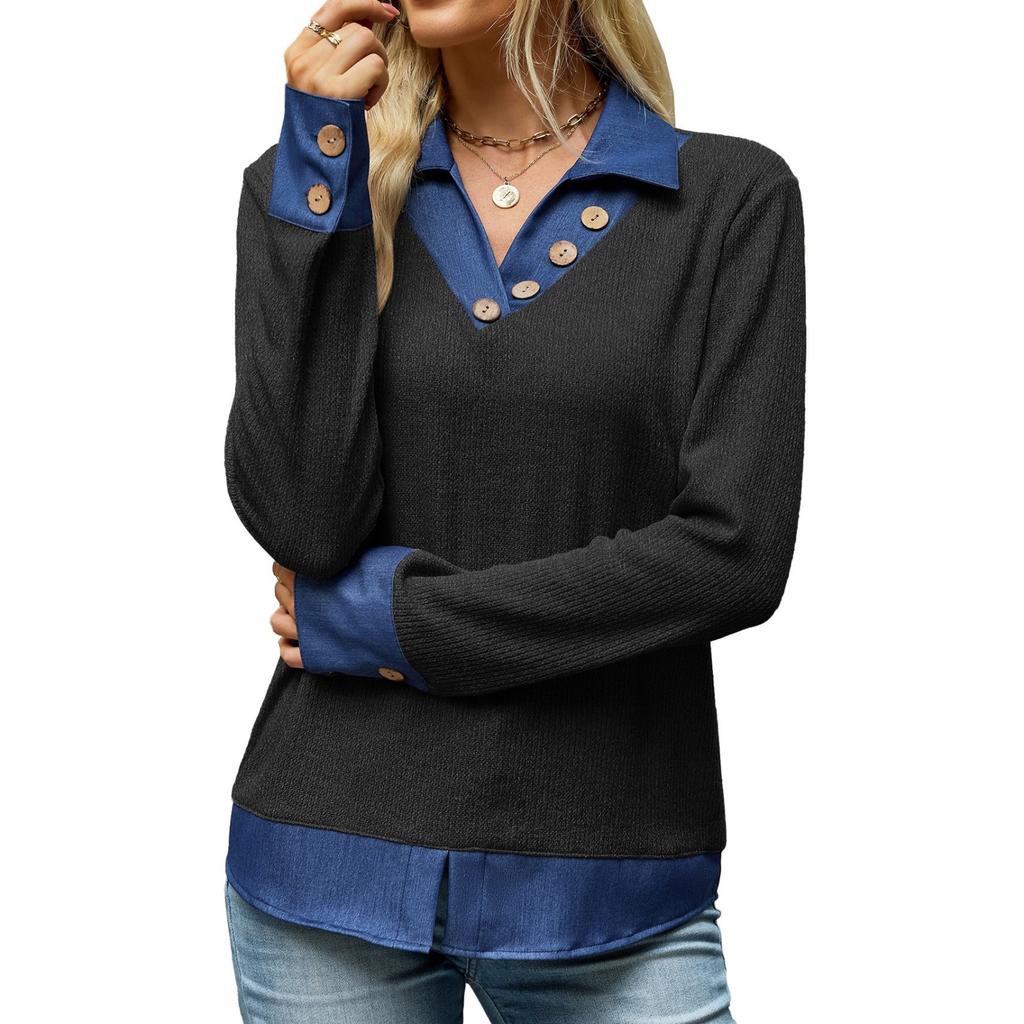 Women's Faux Two-Piece Denim Lapel Sweatshirt with Color Block and Button Front