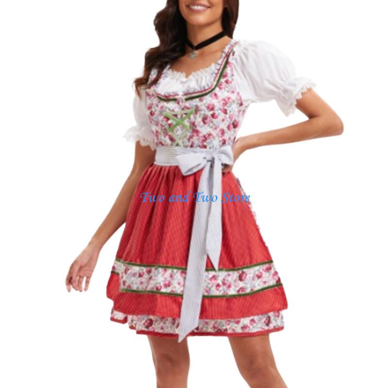 HX6F Kostium Bawarski Oktoberfest dla Dorosłych Kobiet, Kostium Piwny Sukienki Dirndl