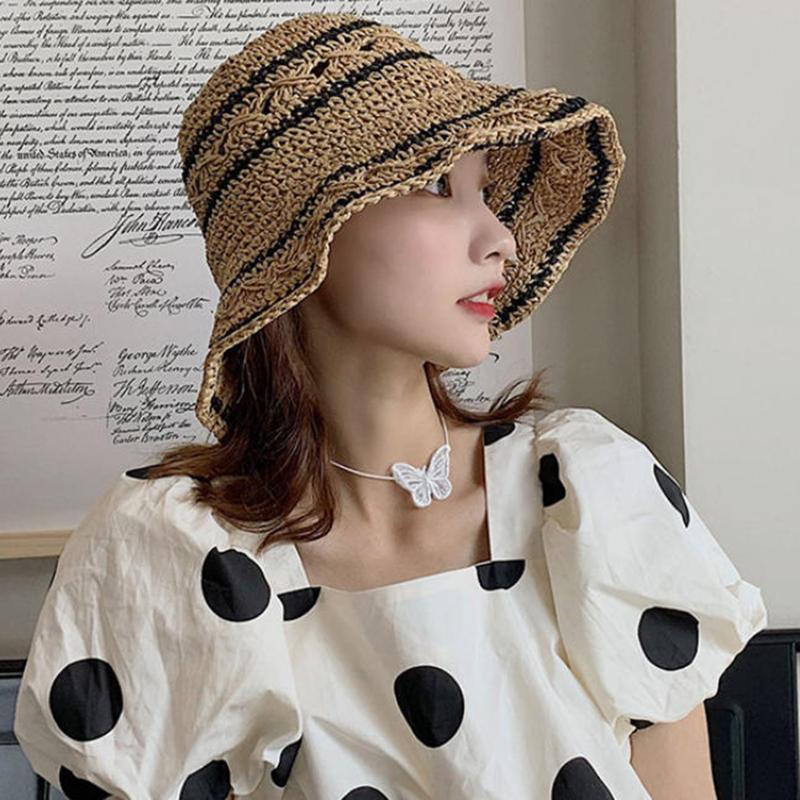 Striped Geometric Print Natural Straw Bucket Hats For Women Foldable Lightweight Sun Hatstravel & Vacation Essential
