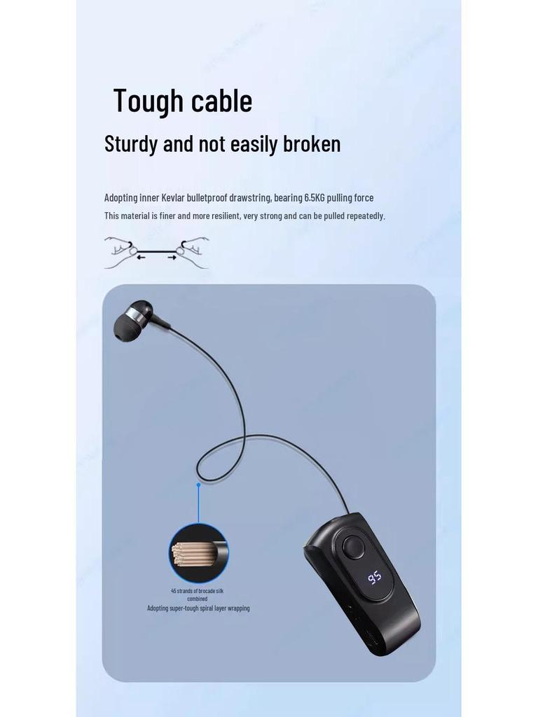 Clip-On Bluetooth Headset with Digital Display, Stereo Sound, Long Battery Life, and Retractable Cable