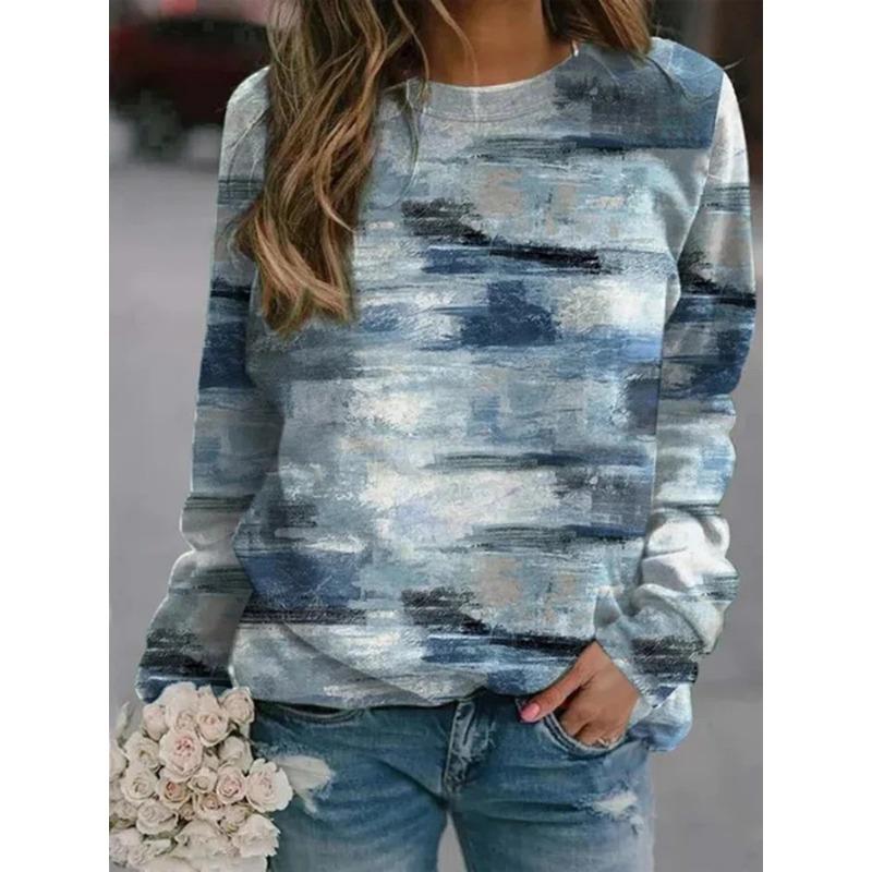 Round Neck 3D Gradient Color Printed Top Fashionable Casual Long Sleeved Women's T-shirts