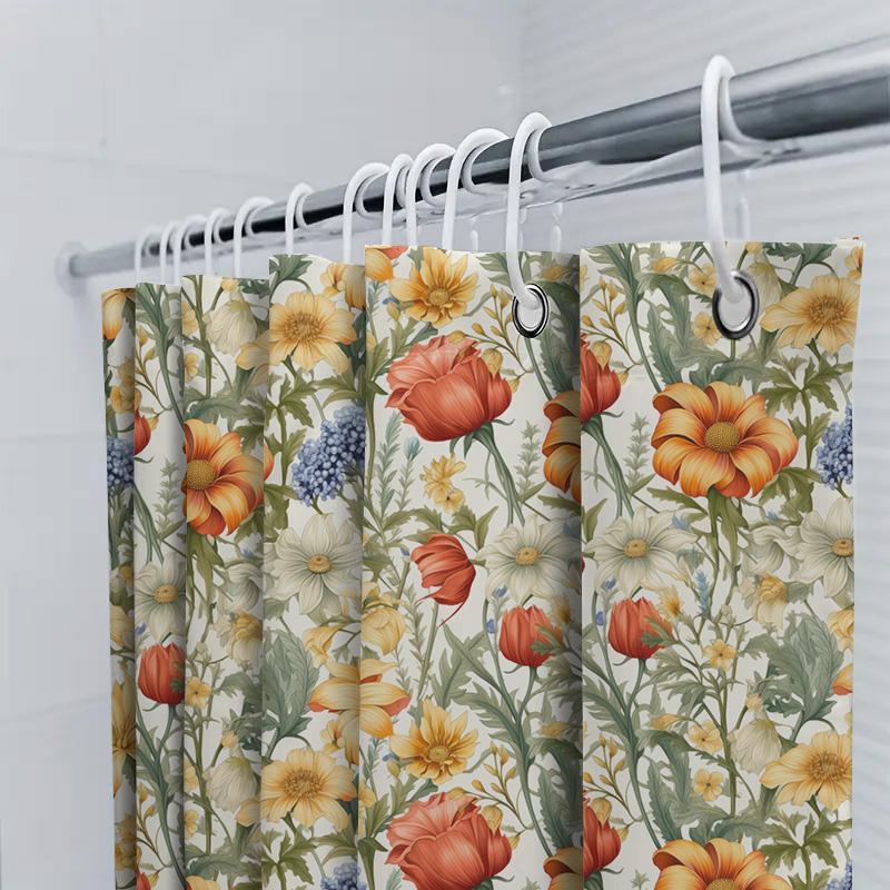 Floral Print Shower Curtain Waterproof Bathroom Decor Orange Blossom White Daisy Watercolor Flower Pattern Bath Linen Decoration