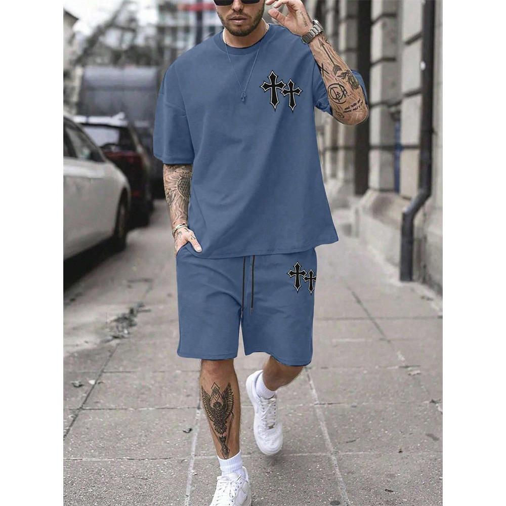 Set Estivo da Uomo a Maniche Corte con Stampa a Croce Pantaloncini Moda Casual Temperamento Set 2 Pezzi Street Shoot Vacanza T-shirt Girocollo