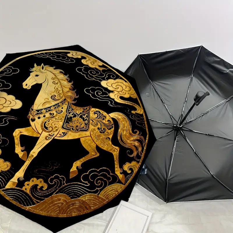 Golden Horse Clouds: Elegant Umbrella with Automatic Opening & Closing, Outdoor Travel Accessory, Perfect Gift 119