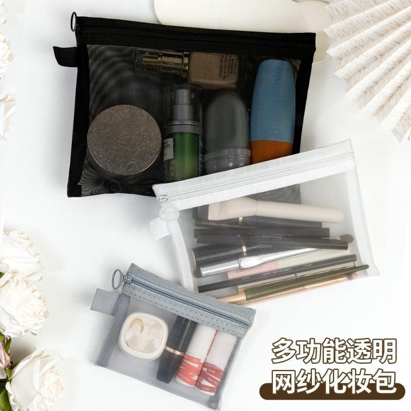 3Pcs Mesh Clear Cosmetic Bags 3 Sizes Portable Black Makeup Bag Portable Travel Toiletry Organizer Bag Lipstick Storage Pouch