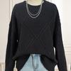 Top Women's Diamond-shaped Jacquard Loose Lazy Style Casual Pullover Sweater Round Neck Long-sleeved