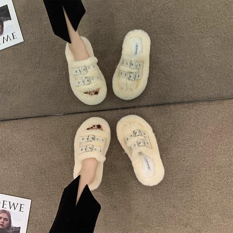 Vielseitige flauschige Hausschuhe mit dickem Boden für Damen, Herbst und Winter 2025, neu, rutschfest, für zu Hause, Ein-Wort-Out, Plüsch-Baumwoll-Mopp