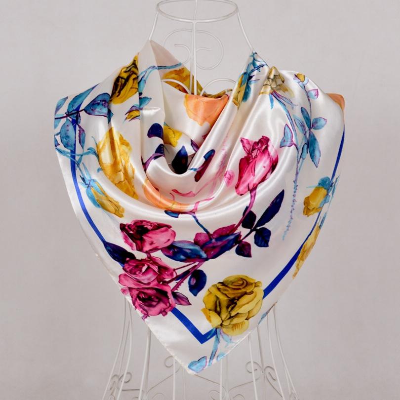 [BYSIFA] Navy Blue Chinese Roses Large Square Scarves New Female Elegant Large Silk Scarf Fashion Ladies Accessories 90*90cm