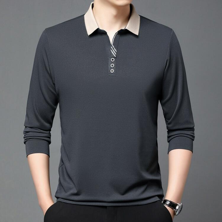 Men's Autumn Long-sleeved Polo Shirt Men's Business Scissors Collar Fit Solid Color Lapel Bottoming