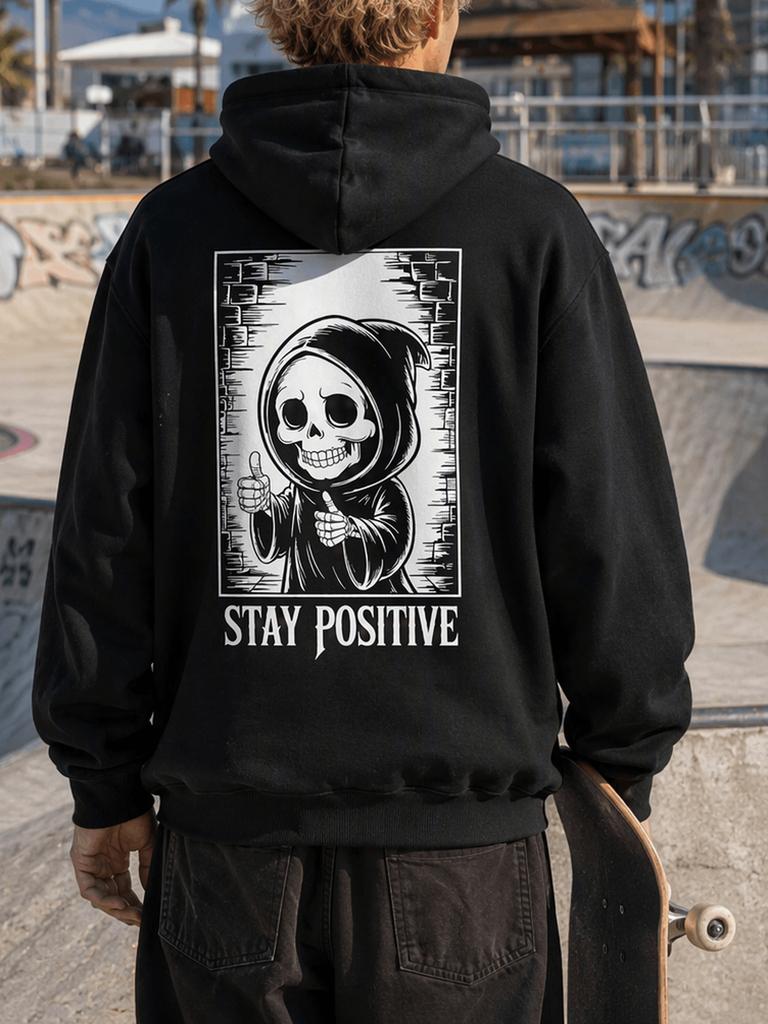 Men'S Black Hoodie Stay Positive Skull Skateboard Street Graphic Print Loose Pullover Streetwear Hoodie with Kangaroo Pocket for O