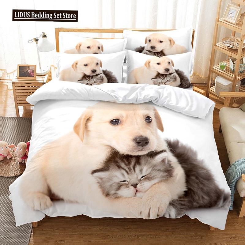 Cat And Dog Duvet Cover Set 3d Printing Cute Animal Theme Comforter Cover King Queen Size For Kid Boy Girl Polyester Bedding Set