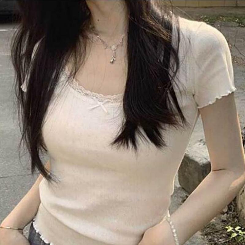 Shop Women S Ribbon Lace Square Neck ShorT Sleeve T ShirT wdmS wSh TS14470693