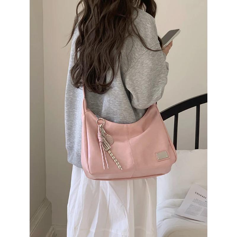 Soft PU Leather Women's Shoulder Bags College Girls Underarm Crossbody Bag Casual Solid Color Female Tote Handbags with Pendant