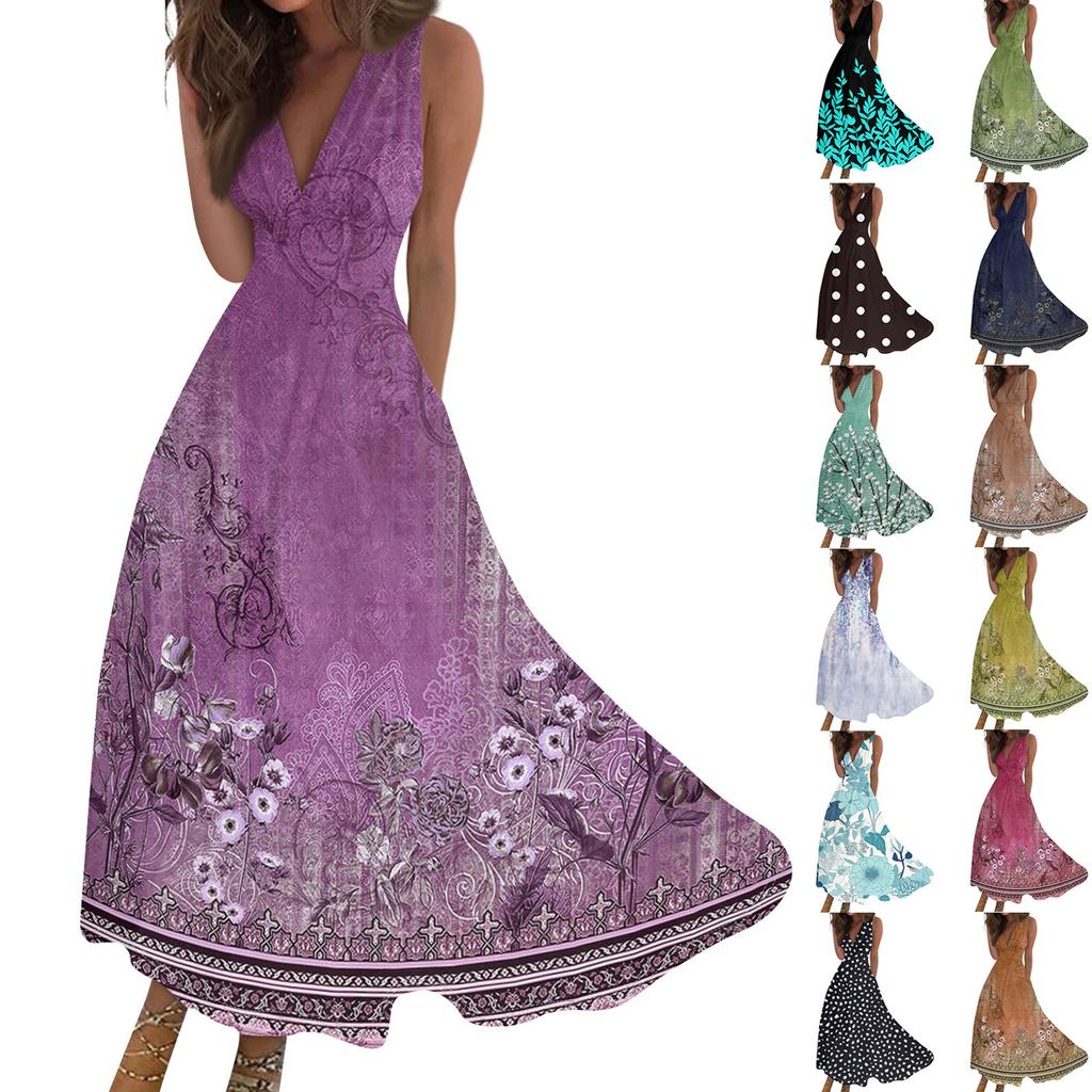 Women's Fashion Casual Loose V-Neck Sleeveless Printed Dresses