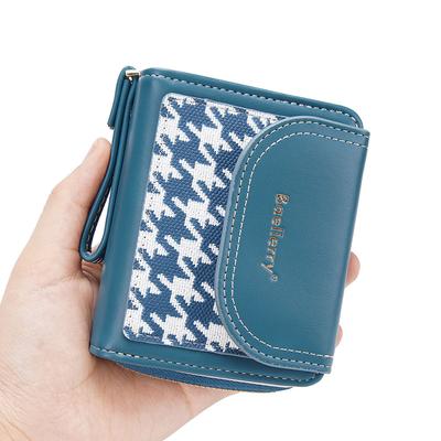 Women's Fashion Short Houndstooth Wallet with Lanyard Pu Leather Zipper Card Holder Ladies Multi-card Coin Purse