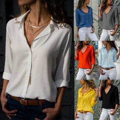 Spring Summer Deep V Neck Chiffon Top Women Solid Color Long Sleeve Fashion Shirt