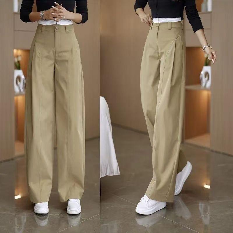 Trendy Wide-Leg Cotton Workwear Pants - High-Waisted, Casual, Slimming Pants for Women