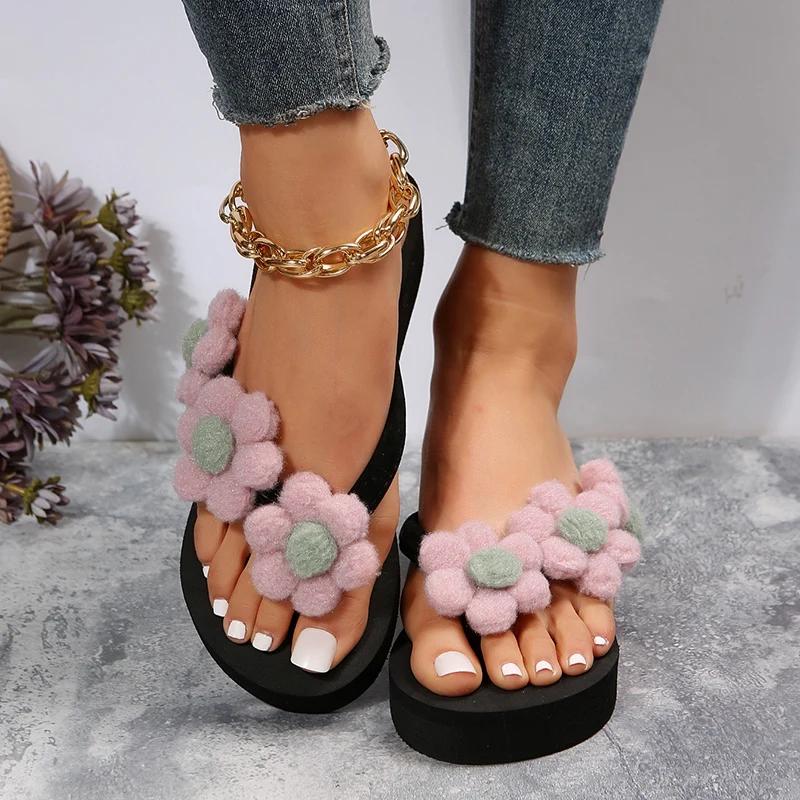 Fashion Women's Stylish Flower Decro Flip Flops Thick Sole Wedges 2025 Summer Slippers Woman Summer Beach Non Slip Platform Sandalias