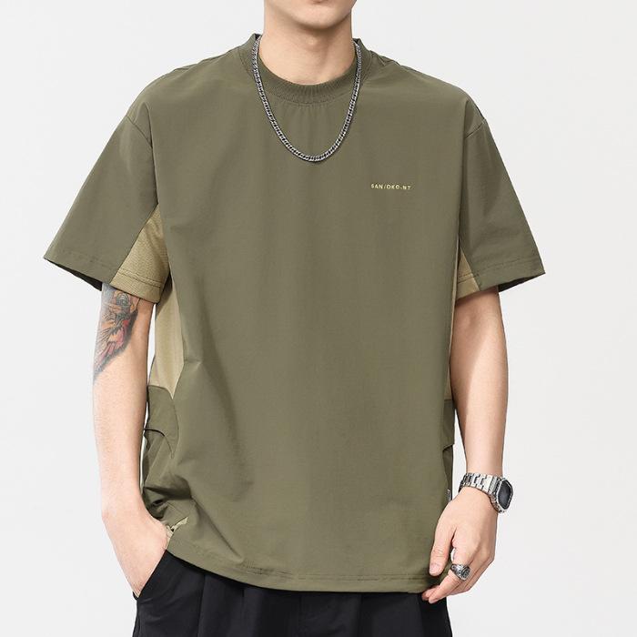 New Summer Design Side Pocket T-shirt Ice Silk Cool Men's Round Neck T-shirt Short Sleeves