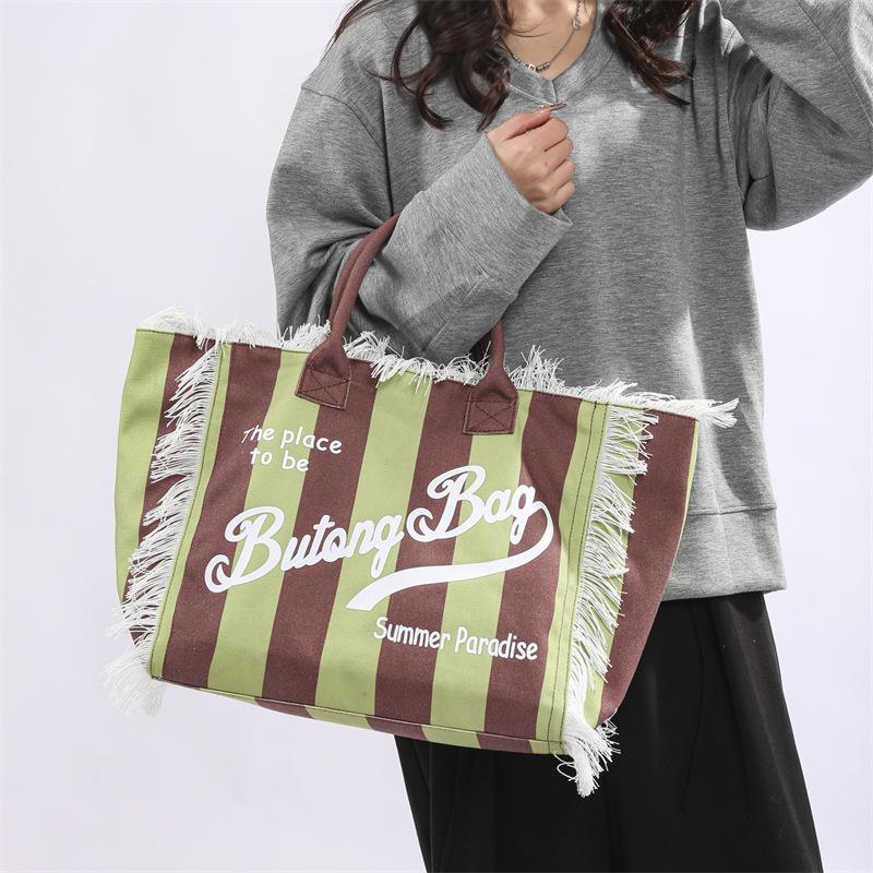 Striped Women's Tote Bag Contrast Color Letter Large Capacity Shoulder Bag Commuter Underarm Bag