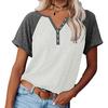 Loose Women's Short Sleeve V-Neck Color Block Casual T-shirt Button Decor Top