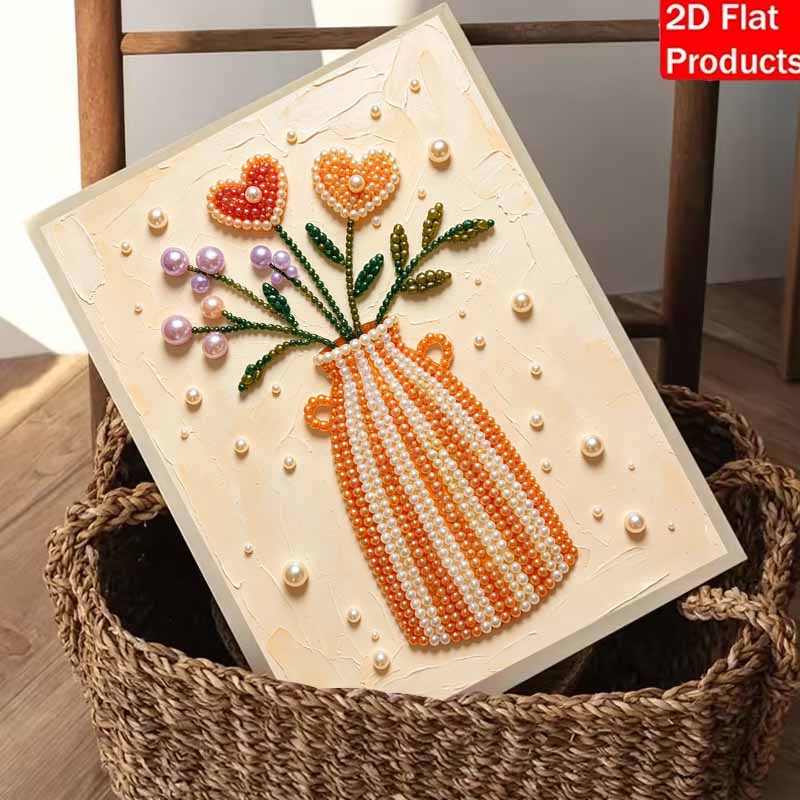 Perlenmalerei Kunst Handgemachte Orangefarbene Vase Herzblumen Strauß Perlenwanddekoration DIY Perlendekoration Malerei