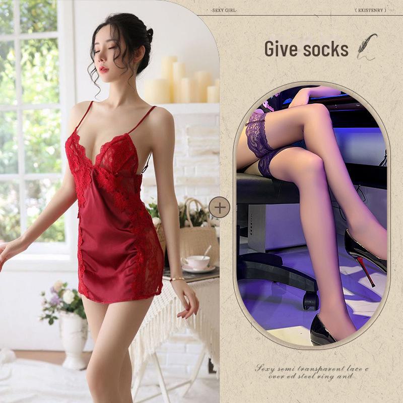 Sexy Temptation Lace Ice Silk Nightdress - Erotic Backless Lingerie for Women