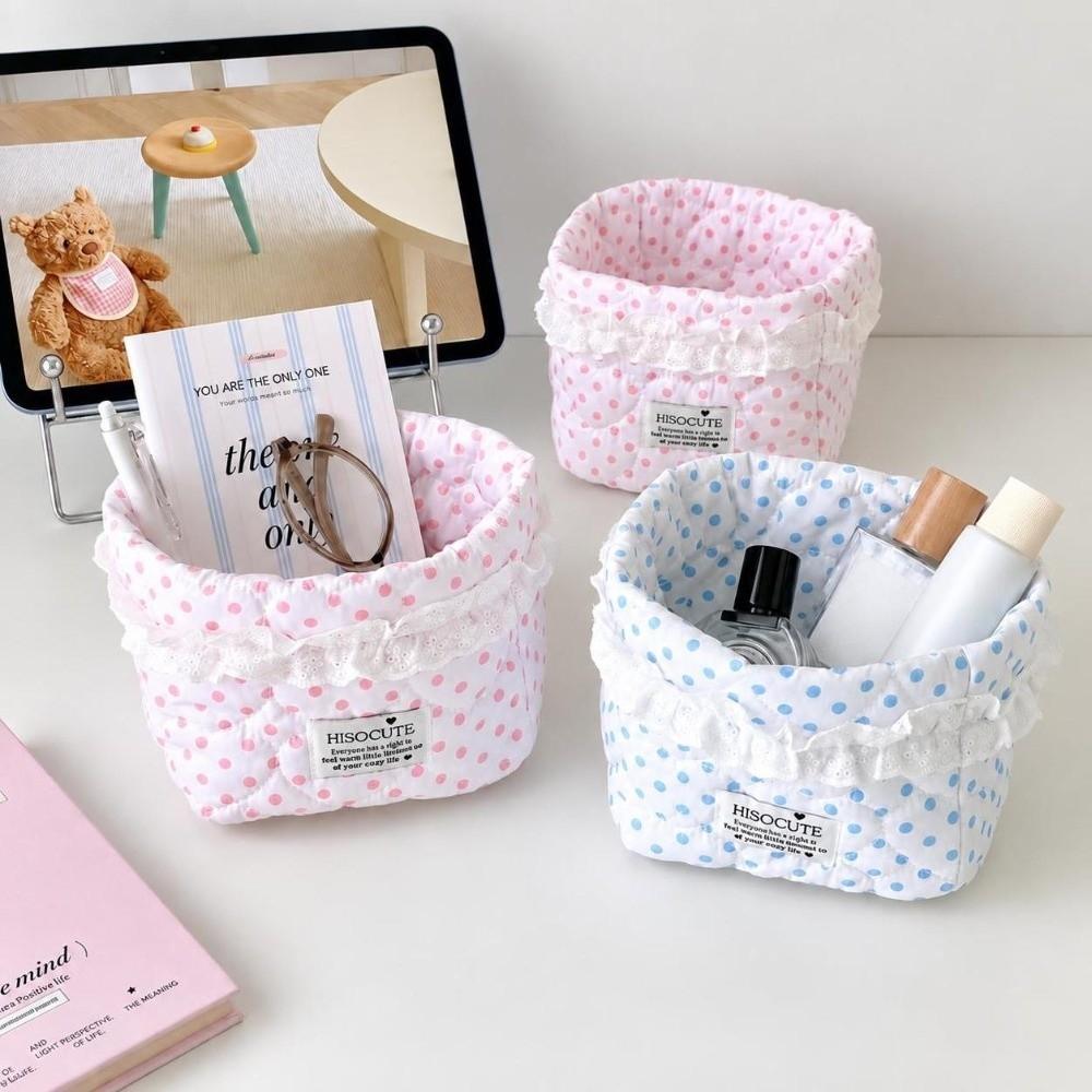 Large Capacity Quilted Storage Basket Polka Dot Pattern Desktop Organizer Box