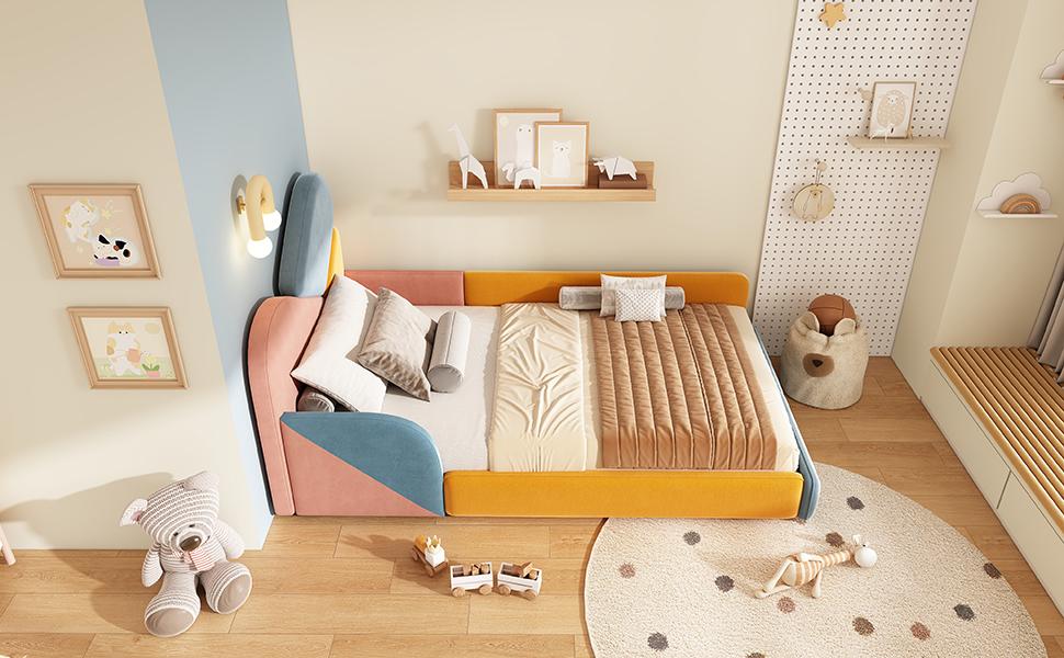 Children's Upholstered Bed 90x200 cm, multicolor with raised side protection, soft with padded headboard and fall protection for children's room