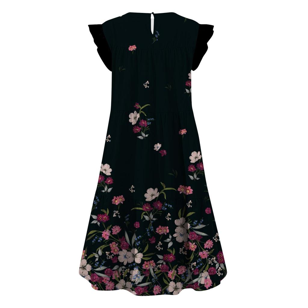 Women's Round Neck Casual Short Sleeve Ruffle-Trim Summer  Dresses