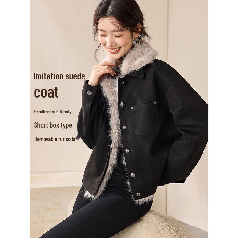 Mohan Yimei Women s Detachable Fur Collar Suede Workwear Jacket XL