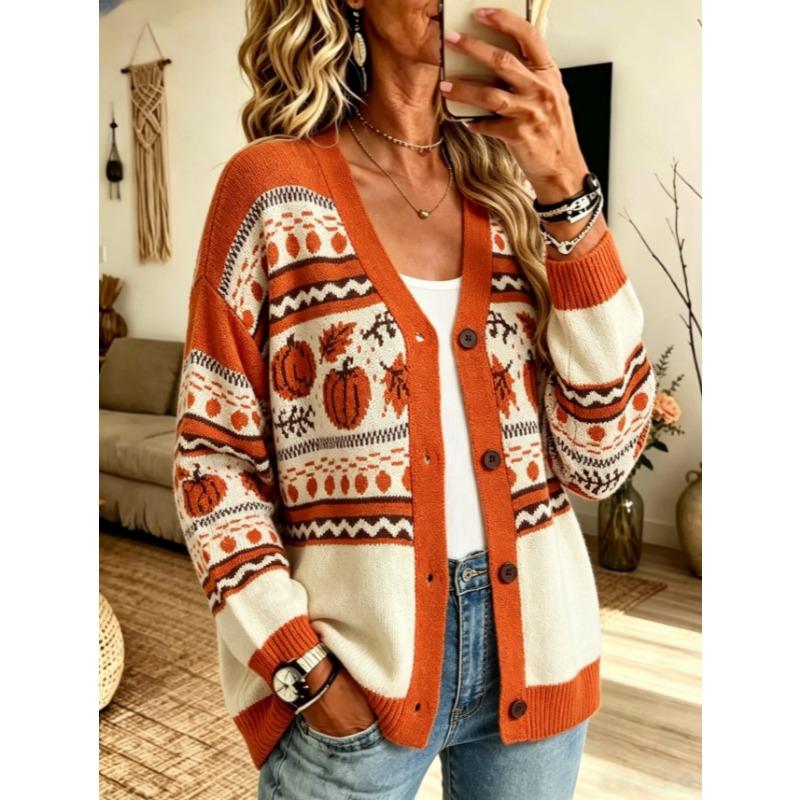 Women S Halloween Pumpkin Jacquard V Neck Knit Cardigan Loose Long Sleeve Sweater