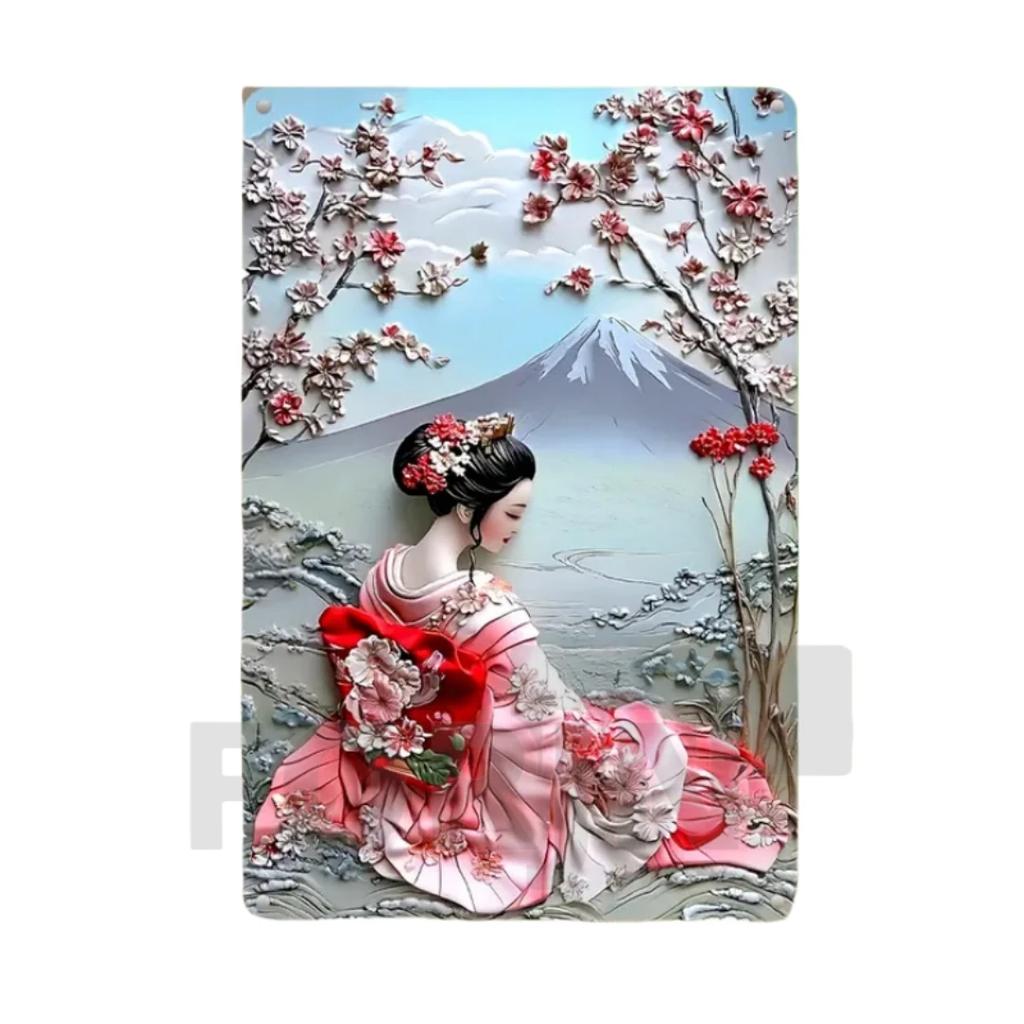 Panneau Métal Kimono Geisha Japonaise, Affiche Art Élégant Japon Fleurs de Cerisier 2D, Décor Mural Maison, Chambre, Bureau, Izakaya, café, Studio