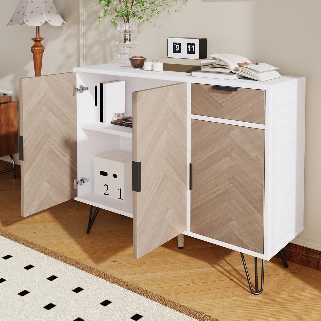 Modern Storage Cabinet, Sideboard in White and Wood Look with Drawer and Height-Adjustable Shelves (90 x 30 x 71.5 cm)
