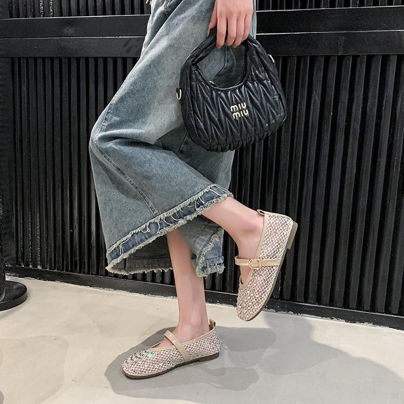 Fashion Luxury Crystal Covered Fishnet Mary Jane Shoes Woman Elegant Brand Design Rhinestone Mesh Ballet Flats Ladies  Bling Net Loafers