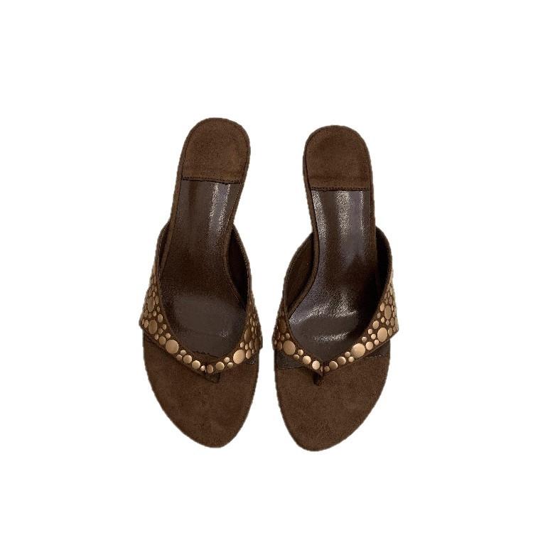 Cowhide Version~ Niche Leather Retro Rivet Suede Fine Heel Herringbone Cool Slippers Women's Feet Versatile High Heels Women