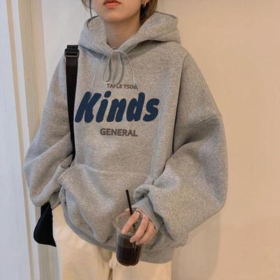 Korean Style Women's Hooded Sweatshirt - Autumn/Winter, Loose Fit, Velvet Lined, Long Sleeve