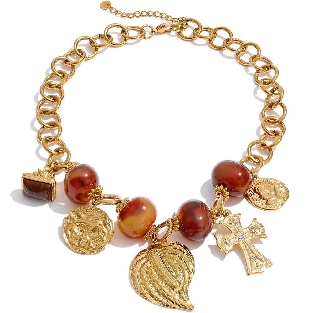 

Yhpup Vintage Resin Round Leaf Cross Charms Pendant Drop Statement Necklace for Women Stainless Steel Handmade Sweater Jewelry
