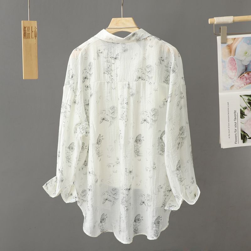 Korean Style Long Sleeve Printed Chiffon Outerwear Summer Breathable Sun Protection Thin Loose Versatile Top Women's Shirt