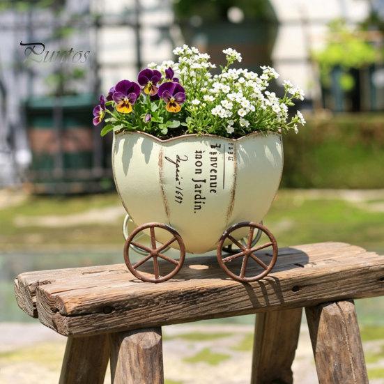 Room Decoration Pot Retro Pumpkin Cart Planter, Decorative Metal Flowerpot with Drainage Hole, Stylish Succulents Pots Plant for Indoor Outdoor