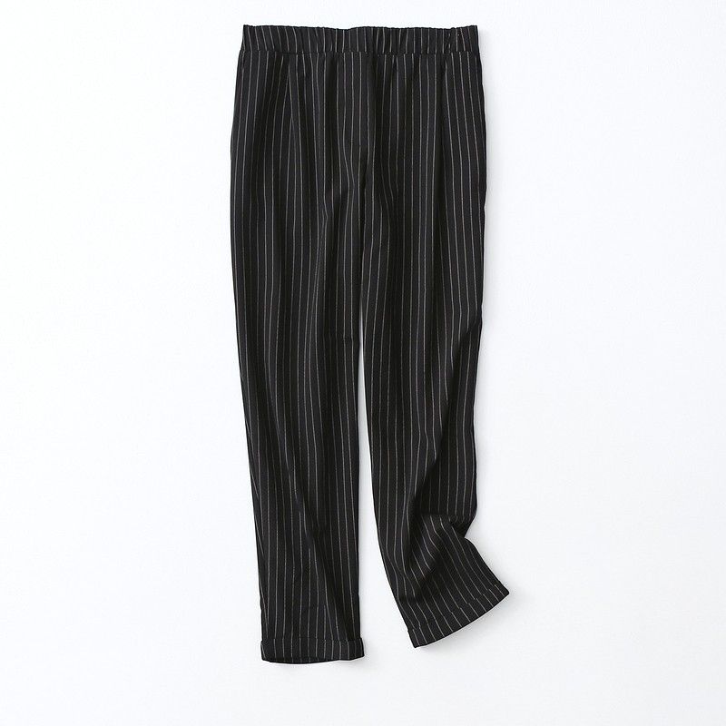 

Bi Buy ~ Foreign Trade Original Garment Simple and Versatile Cotton Elastic Vertical Stripes Harem Pants Summer Thin Suit trousers Cropped Pants Black Eurocode-L